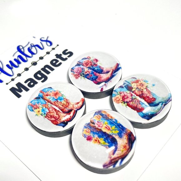 Set of 4 Glass Western Flower Boots Magnets - Refrigerator Kitchen Whiteboard - Picture 2 of 3